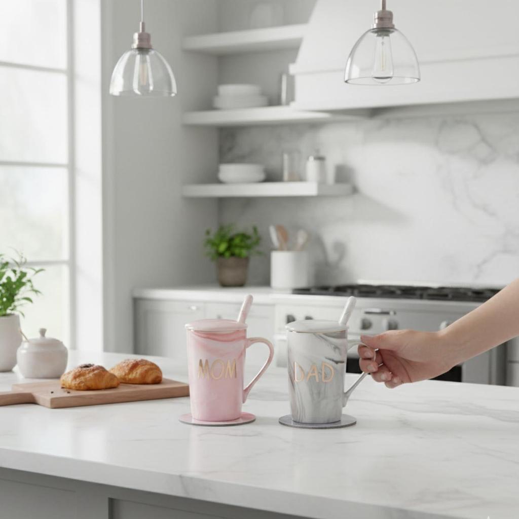 Cană de cafea, Cadouri de căsătorie pentru nuntă, Cadou pentru cuplu, Cadouri de Crăciun, Set de 2 căni de cafea pentru Mamă și Tată, Capace, Lingurițe ceramice, Coșuri