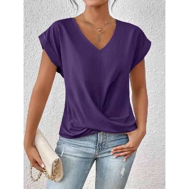 2026 Summer Women's Solid Color V-Neck T-Shirt Casual Breathable Short Sleeve