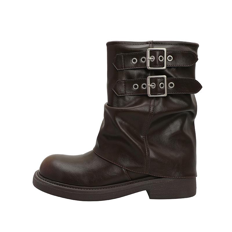 Retro Ankle Boots Merard Leather Boots Platform Pleated Trouser Boots Western Cowboy Motorcycle Boots 39 коричневый 6490₽