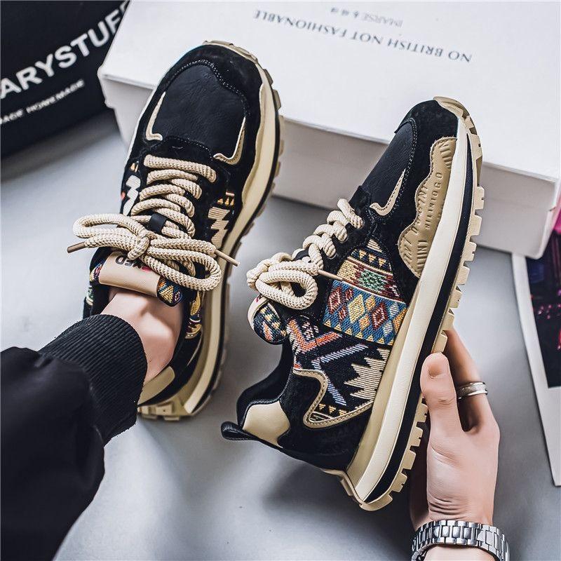 Men's Ethnic Pattern Retro Chunky Sneakers Casual Lace Up Outdoor Walking Shoes