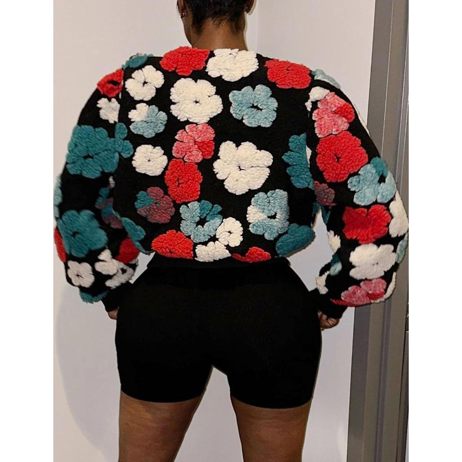 MILU Winter Retro Pluche Wollen Cardigan met Bloemenborduursel, Jas met Lange Mouwen, Cropped Y2K Streetwear, Bont Dames Bomberjack met Bloemenprint XS