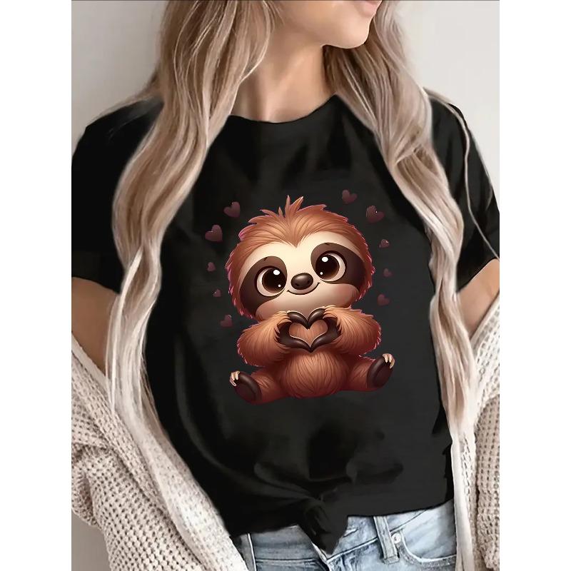 

European Size Adorable Sloth Heart Graphic on a Black Short-Sleeve Tee for Women, Lightweight And Sturdy, Ideal for Relaxed Outings 4XL чорний