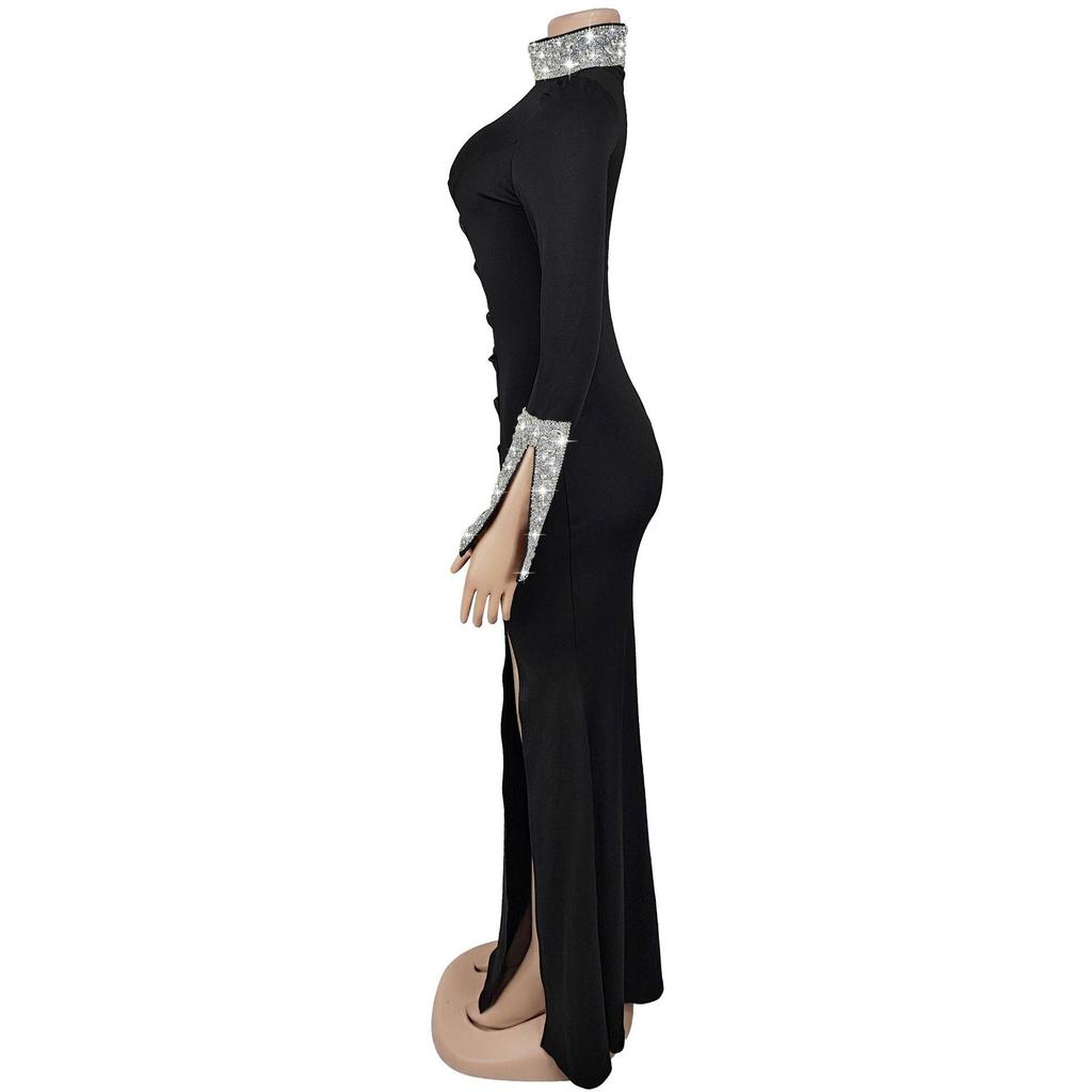 C7271 Women's Fashion Solid Color Long Sleeve Slit Dress with Hot Drilling