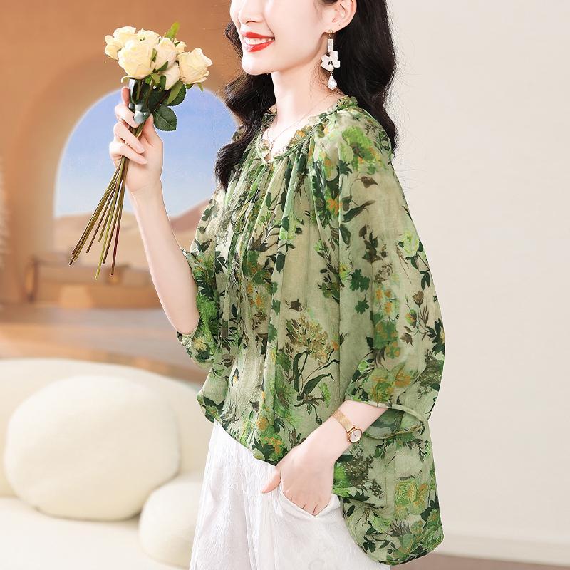 Women Plus Size Summer Chiffon Top Thin Age Reducing Floral Green Blouse