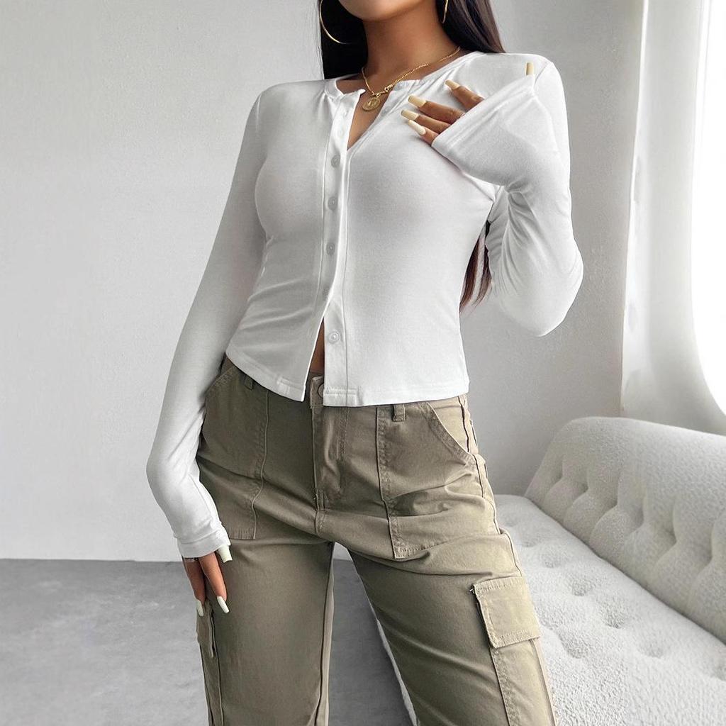 2025 European Autumn/Winter Slim Fit Long Sleeve Women’s Open Shirt