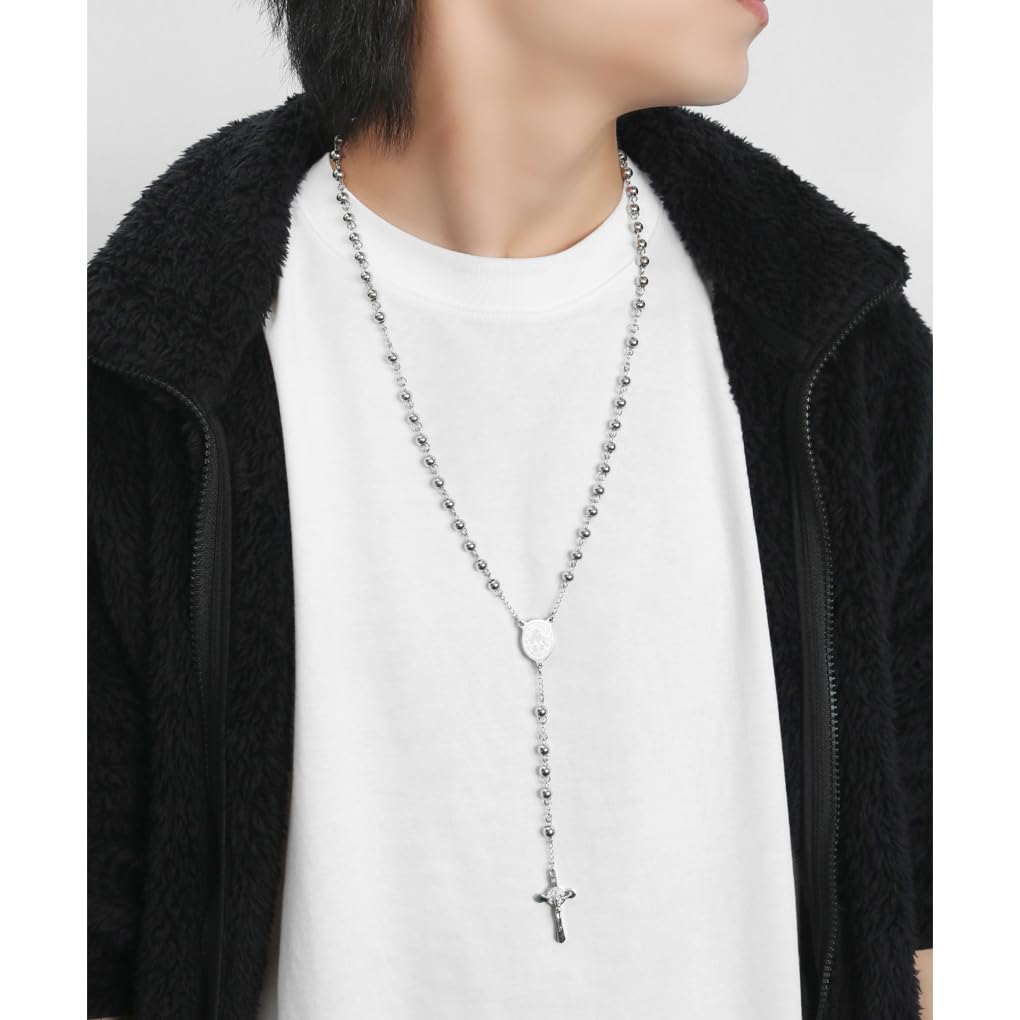 [Shinjuku Gin no Kura] Stainless Steel Rosary Necklace Pendant, Surgical Stainless Steel, Hypoallergenic, Christ, Virgin Mary, Cross