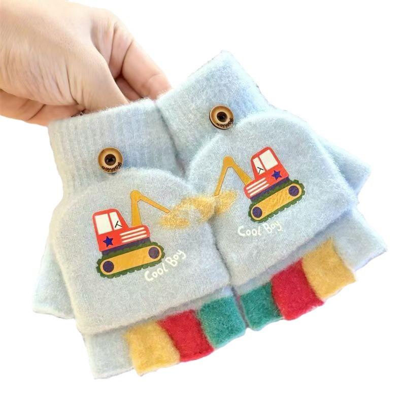 Herbst- und Winter-Kinderhandschuhe Cartoon Bagger Muster Bunte Halbhand Strickhandschuhe Warm und Kältefest Plüsch Klapphandschuhe