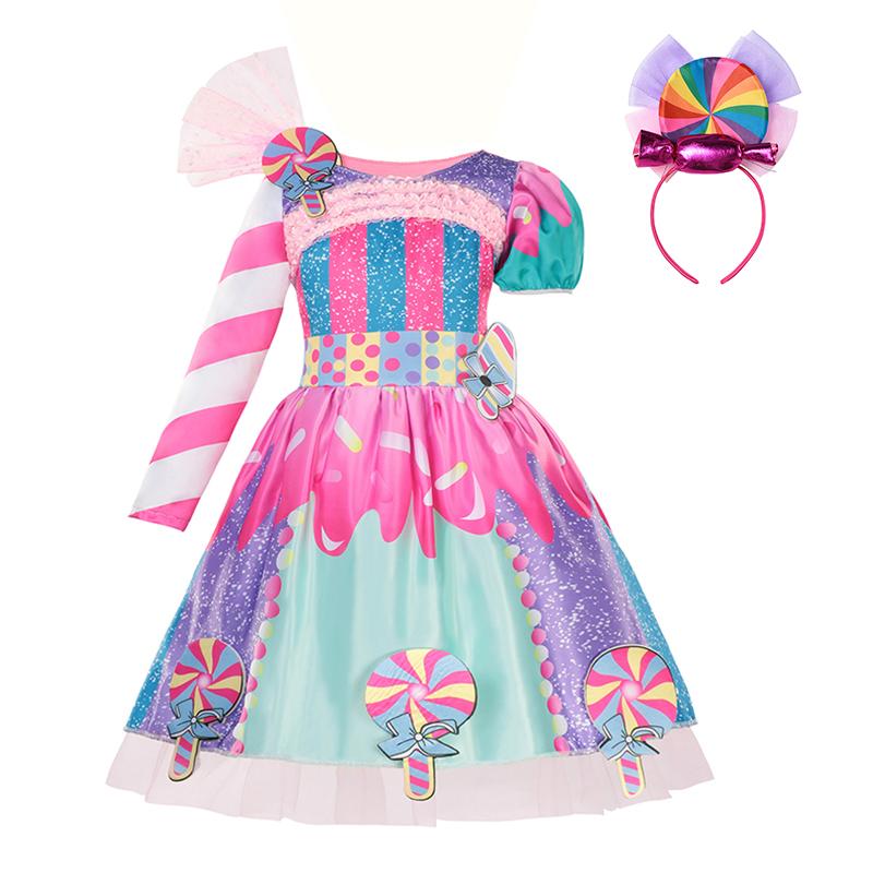 Girls Purim Festival Lollipop Costume Chidrens Puff Sleeve Candy Costume Kids Sweet Lollipop Print Birthday Party Dresses