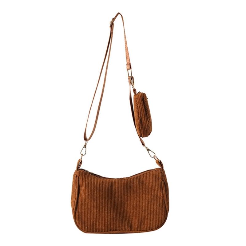 Womens Fashion Solid Color Corduroy Underarm Bag with Coin Purse Pouches Shoulder Crossbody Bag for Shopping Dating Work