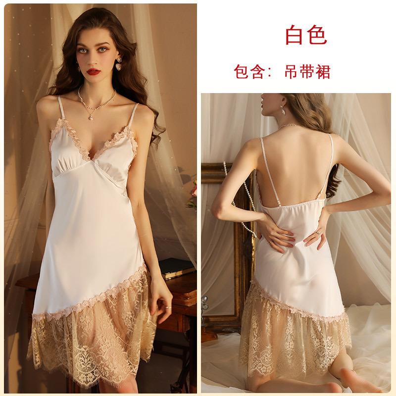 Multi-Style Pure Desire Lace Nightgown V Mesh Patchwork Satin Skin-Friendly Cami Loungewear Versatile Seductive Sleepwear with Diverse Style Options
