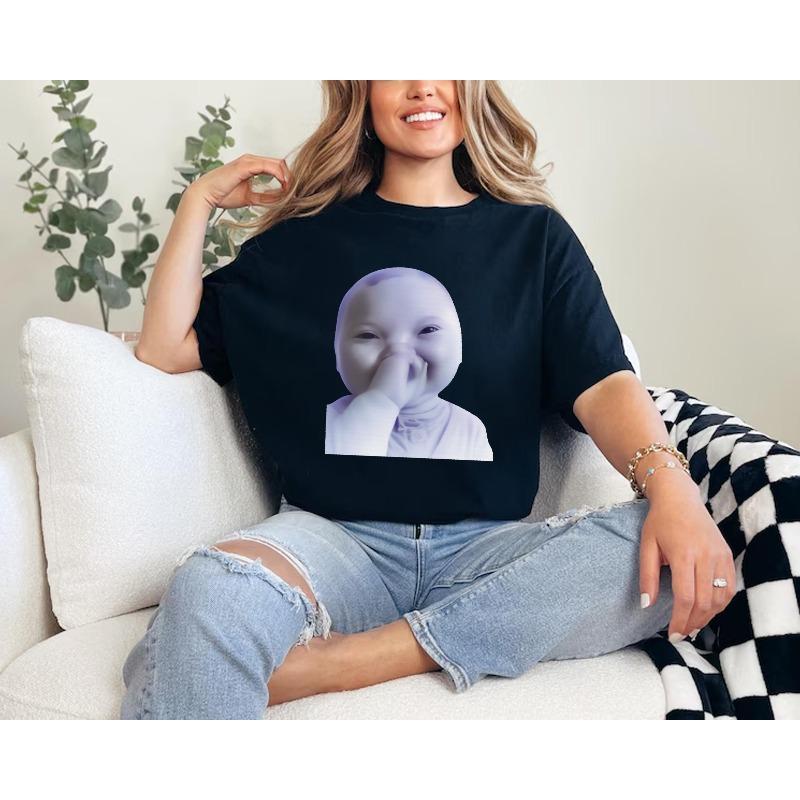 AI Baby Covering Their Mouth and Smiling Emoji Tshirt The Popular niche Baby Emoji Summer New Retro Unisex Casual Y2K Tshirt