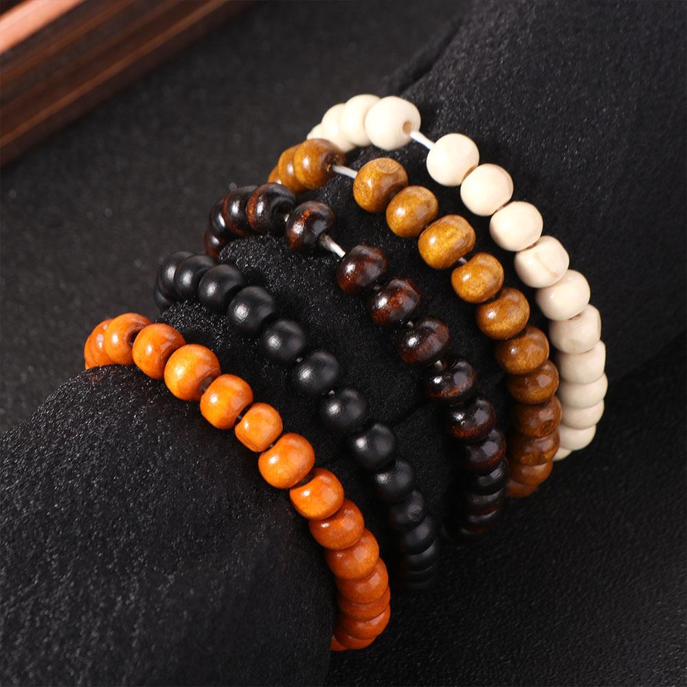 5pcs/set Punk Wood Beaded Bracelet New Design Men's Bangle Classic Natural Wood Bracelet Jewelry