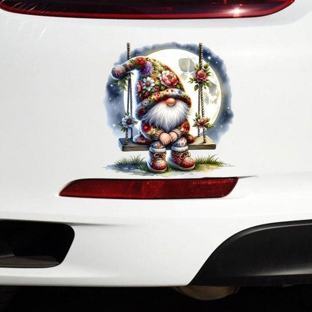 QT2388#15cm Gnome On Swing Under Moon Waterproof Car Decorative Decal, Suitable for Cars, Laptops, Bumpers, Glass Window Sticker