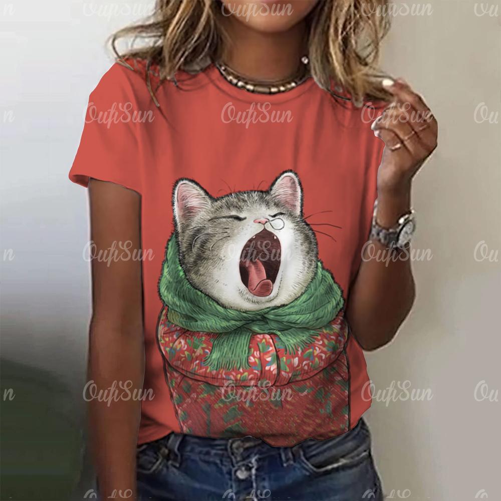 Süßes Damen-T-Shirt mit Katzenmuster, 3D-Druck, lässig, kurzärmelig