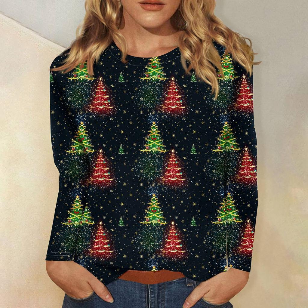 T-shirt à manches longues et col rond pour femme, décontracté et tendance, imprimé de Noël