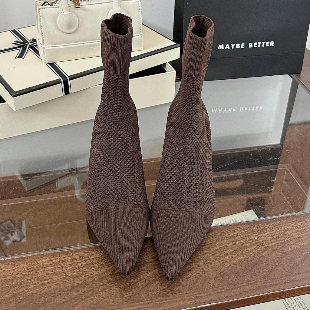 Flying woven high-heeled fashion boots for women, Europe, America 2025 spring and autumn new thin heels pointed sleeves elastic thin socks boots f