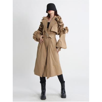 Damen Frühling und Herbst Langärmliger Revers Schmaler Trenchcoat Mit Rüschen Im Langen Abschnitt Temperament Splicing Pendlerjacke