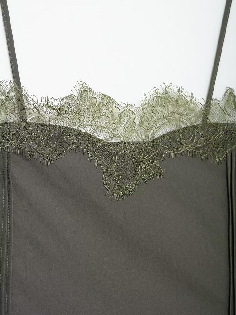 2025 Spring Women's Stylish Grey Lace Trim Spaghetti Strap Top