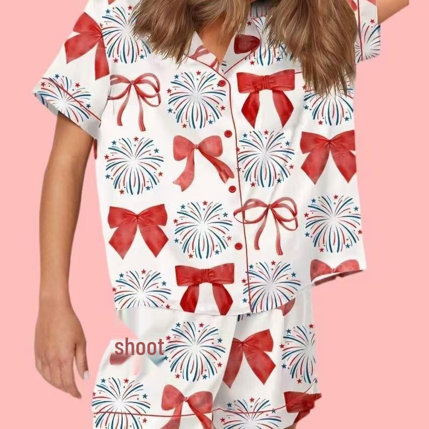 2025 Grenzüberschreitender Weihnachts-Pyjama: Druck Umlegekragen Kurzarm Shorts Hausanzug Set.