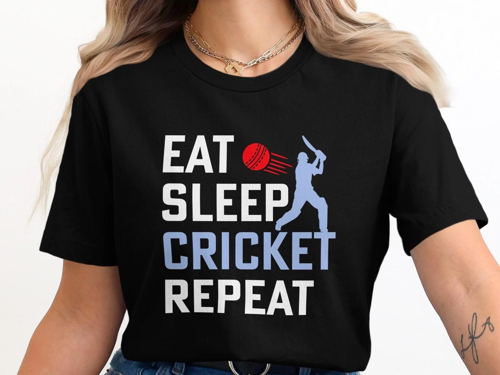 Eat Sleep Cricket Repeat T-Shirt Funny Cricket Lover Gift Tee Sports Fan Shirt S