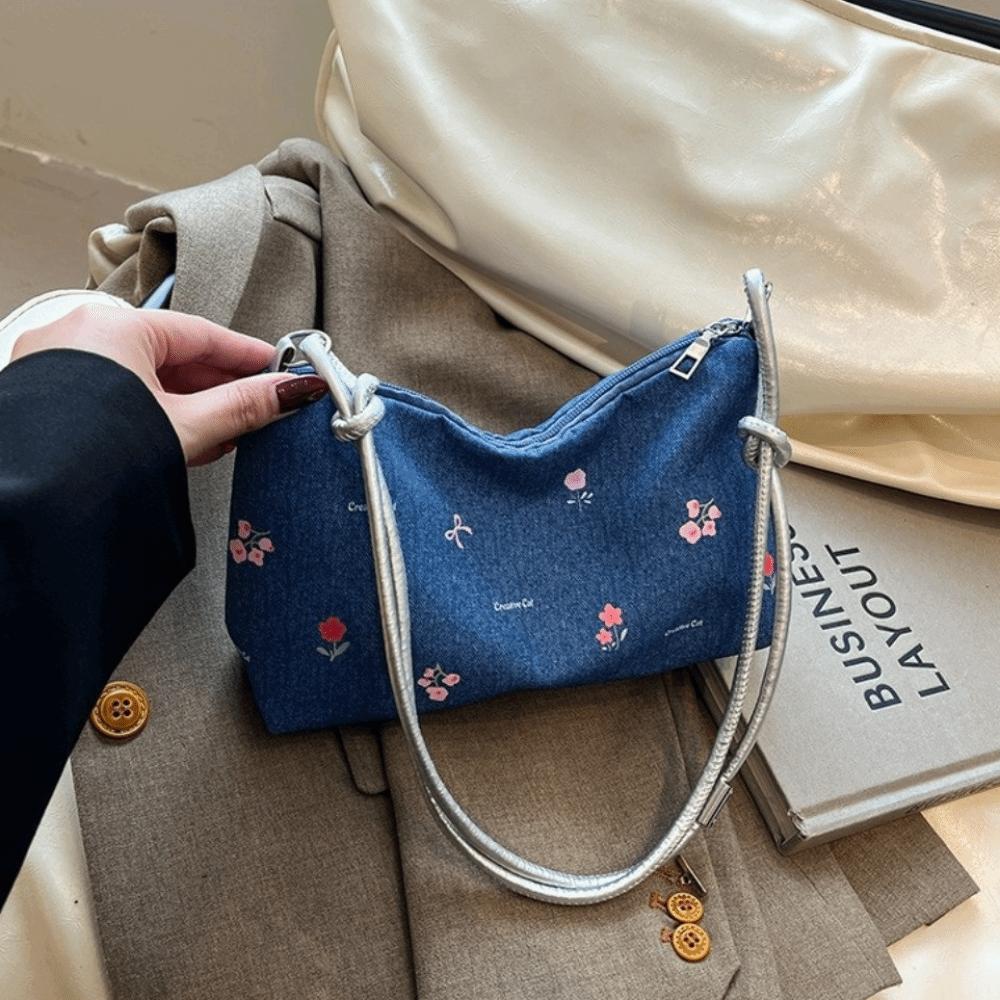 Blue Bow Underarm Bag Korean Women's Handbag Fashion Denim Shoulder Bag  Commuting
