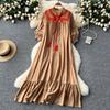 Elegant Retro Lace Up Summer Dress for Women A Line Ruffle Lantern Sleeve Loose Vacation Sweet O Neck Dresses