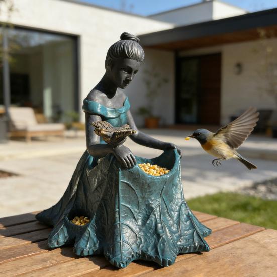 Statuetă Grădină de Zâne Alimentator și Băi pentru Păsări Rășină Decorativă de Exterior Sculptură Fetiță pentru Grădină Gazon Terasă Curte Decor