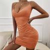 Women's V-Neck Ruched Bodycon Mini Dress, Spaghetti Strap Form-Fitting Party Dress, Sexy Sleeveless Clubwear for Ladies