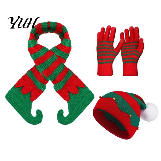 Outdoor Hiking And Travel Wear Christmas Hat Scarf Gloves Set, Knitted Xmas Elf with Jingle Bells, Three Piece Winter Set Pompom Warm for Adults,