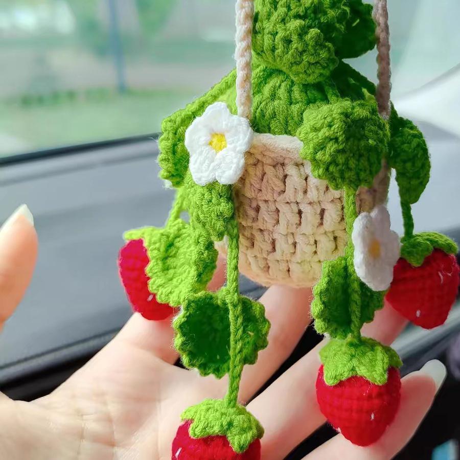 Car Plant Crochet Hanging Basket, Plant Strawberry Hanging Plant for Car Decor, Car Ornaments Charms for Rear View Mirror