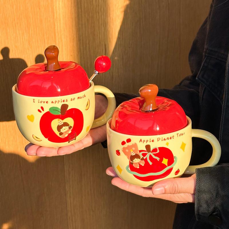 Apple Water Cup Cute Ceramic Cup Mug with Lid Spoon New Year's Birthday Gift for Girls