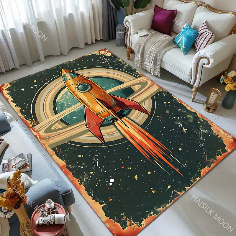 Retro Iron Spaceship Carpet for Living Room Bedroom Bedside Floor Mat Sofa Table Area Rugs Home Decor Large Size Machine Wash