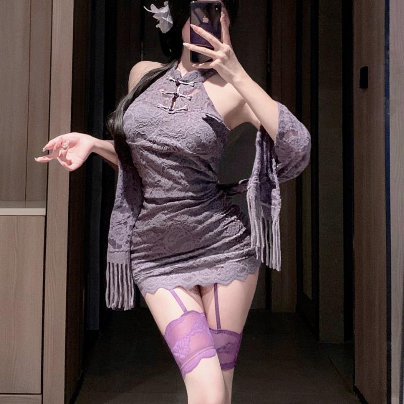 Sex Underwear Sexy Disc Buckle Lace Stand-up Collar Cheongsam Pure Desire Hot Girl Purple Neck Cheongsam Woman
