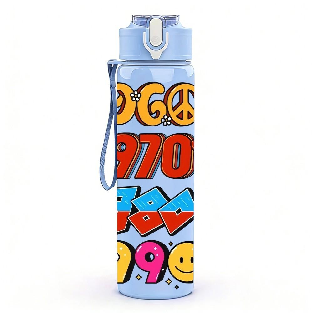 1PC Sixties Seventies Eighties Retro Badge Art 750ml Color Plastic Sports Water Bottle Leakproof Flip Straw Lid Suitable for Sports Office Home Use