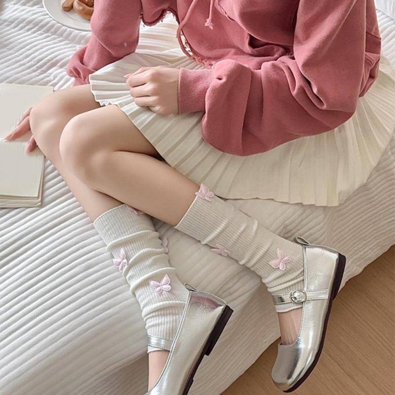 Womens Girls Ballet Style Ribbed Knit Stretch Leg Warmer Japanese Aesthetic Sweet 3D Butterfly Leg Cover Footless Socks