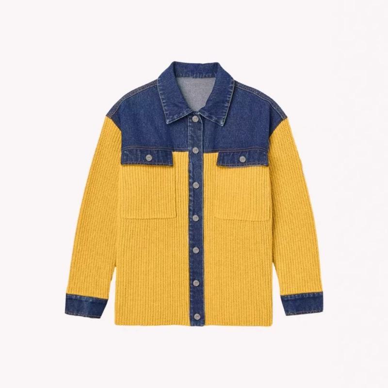 Autumn and winter new knitted cardigan women's retro contrasting denim splicing lapel sweater jacket women