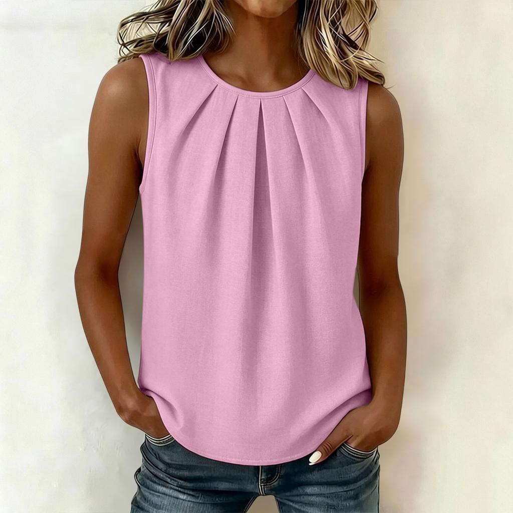 Women Sleeveless Pleated Crew Neck Loose Fit Blouse Solid Basic Casual Top for Daily Office Wear
