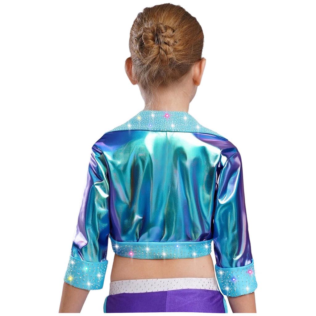 Kinder Bühnenauftritt Jacke Mädchen Jazz Dance Oberbekleidung Glänzende Strasssteine mit Reverskragen