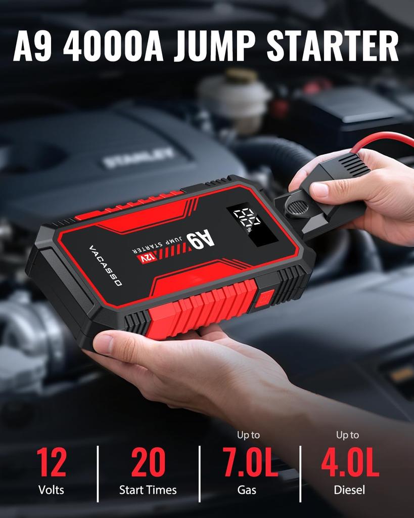 Jump Starter 4000A, 12V Portable Car Battery Booster with USB, LED Light, Jumper Cables, Storage Case