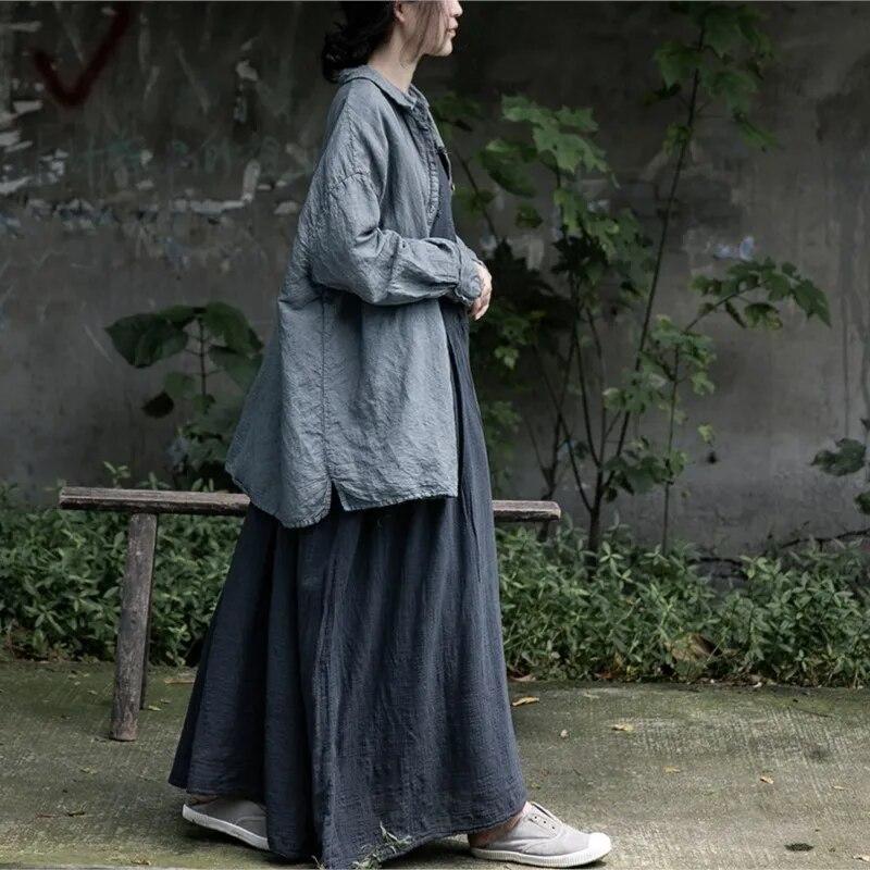 Johnature Women Cotton Linen Vintage Dress V-Neck Long Sleeve Solid Color Robes Autumn A-Line Loose Women Dresses