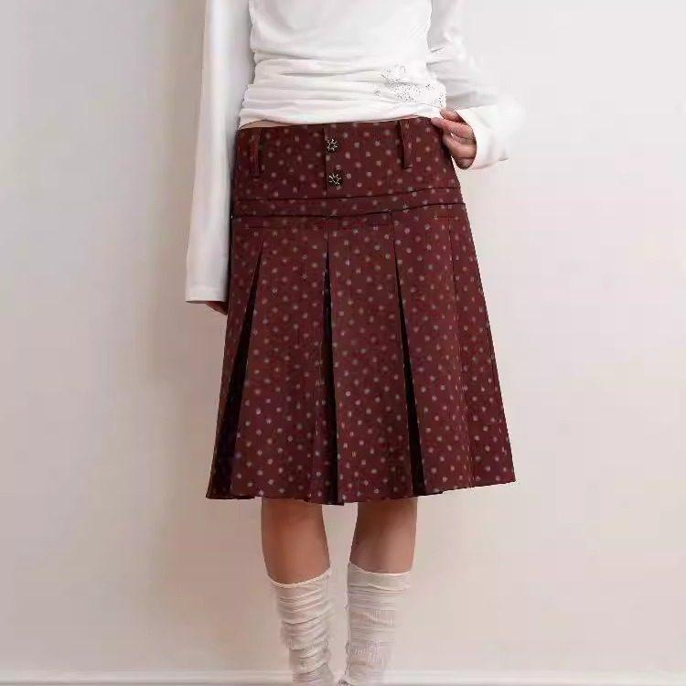 Jupe Midi Plissée à Pois Rouges Vintage: Design unique en ligne A à l'esthétique littéraire