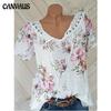 Sommer Casual Damen bedrucktes T-Shirt mit V-Ausschnitt und Spitze, kurzärmelig