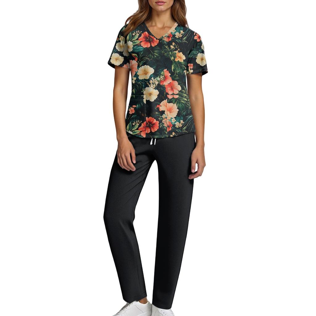Plus SizePrinted Scrub Working Uniform Tops For Women's Cross V-Neck Halloween Print Short Sleeve Fun T-Shirts Workwear Tee With Pockets