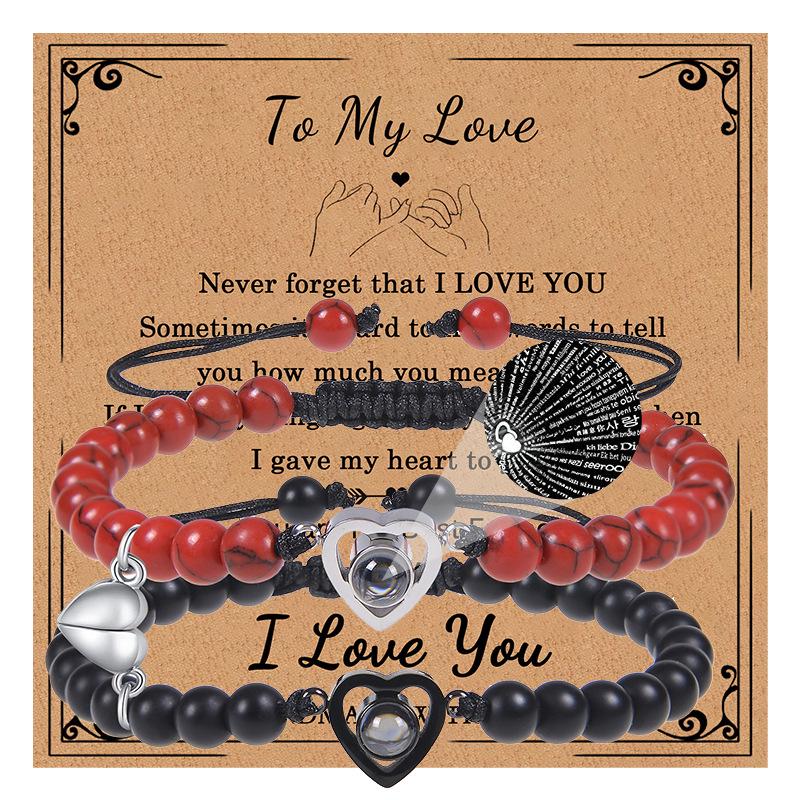 Bracciale con proiezione "Ti amo" in 100 lingue con pietra naturale smerigliata e turchese bianco per coppie