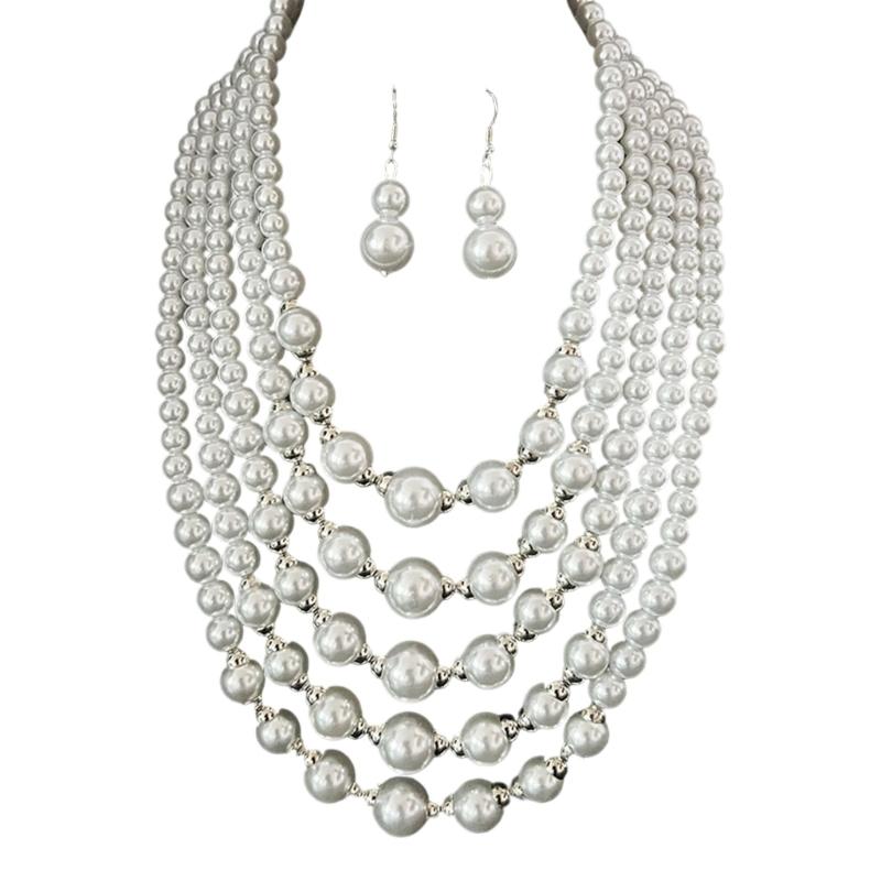 Fashionable Layering Artificial Pearls Necklace With Matching Studs Comfortable Daily Wear Accessories