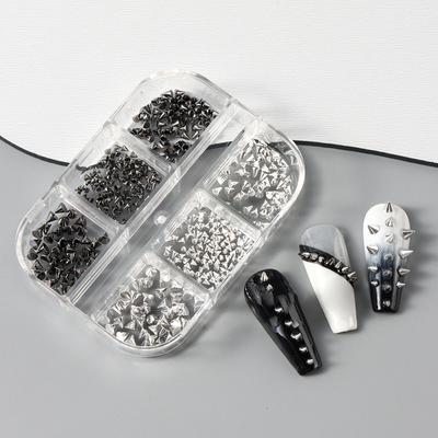 6 Grids Y2K Punk Metal Rivet Nail Charms Cone Mixed Sized Black Silver Nail Art Studs 3D Stylish Alloy Spike For Diy Nails Decor