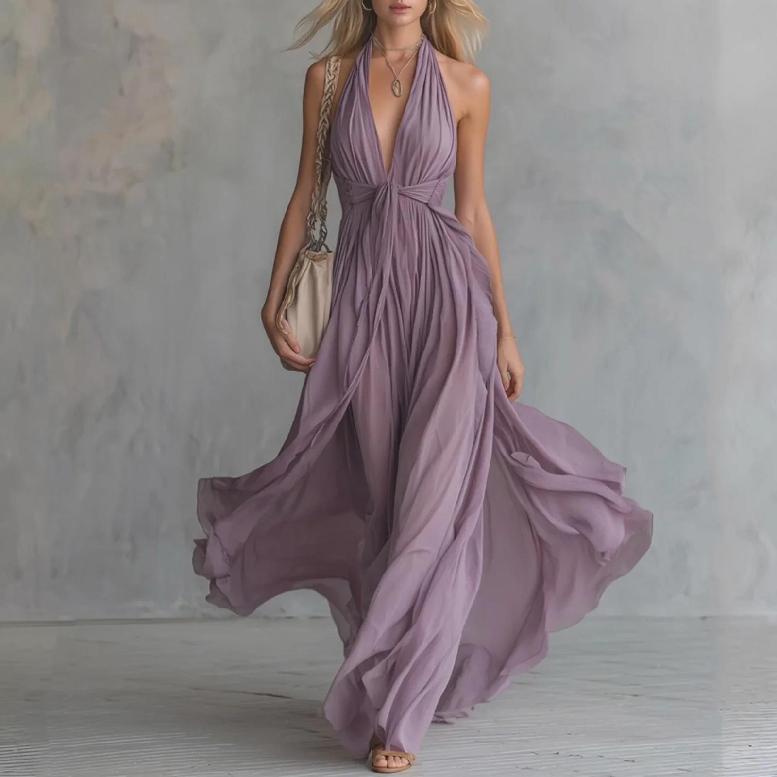 

Loose Fit Vacation Maxi Dress V Neck Sleeveless Halter Neck Long Flowing Dress Casual Summer Beachwear M фіолетовий