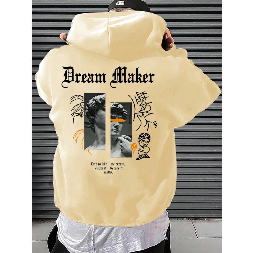 Dream Maker Brave Sculpture Pattern Men Clothing Creative Pocket Hoodies Hip Hop Autumn Streetwear Fleece Casual Male Clothing