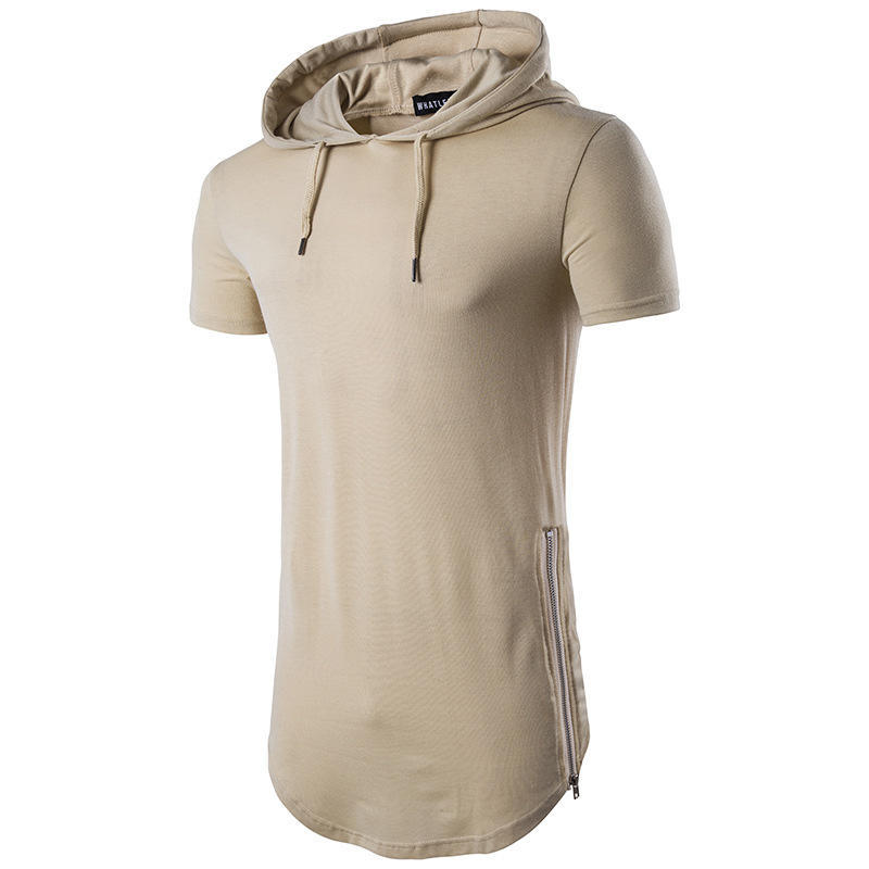 Men's T-shirt Hooded Zipper Decoration Medium Long Round Neck Base T-shirt