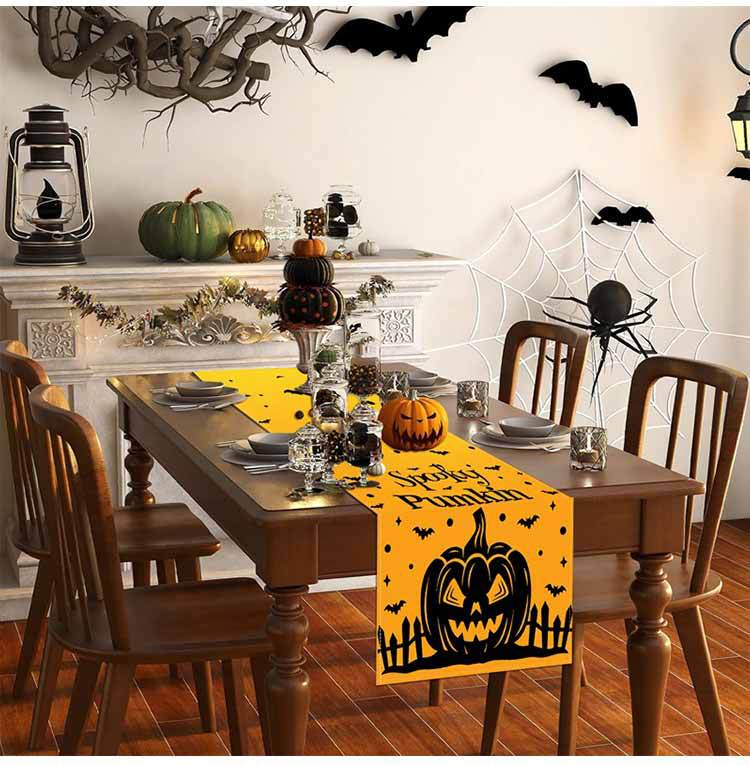 1pc Orenge Halloween Table Runner with Pumpkin Bat Pattern Dustproof Durable Tablecloth for Halloween Themed Party Decoration